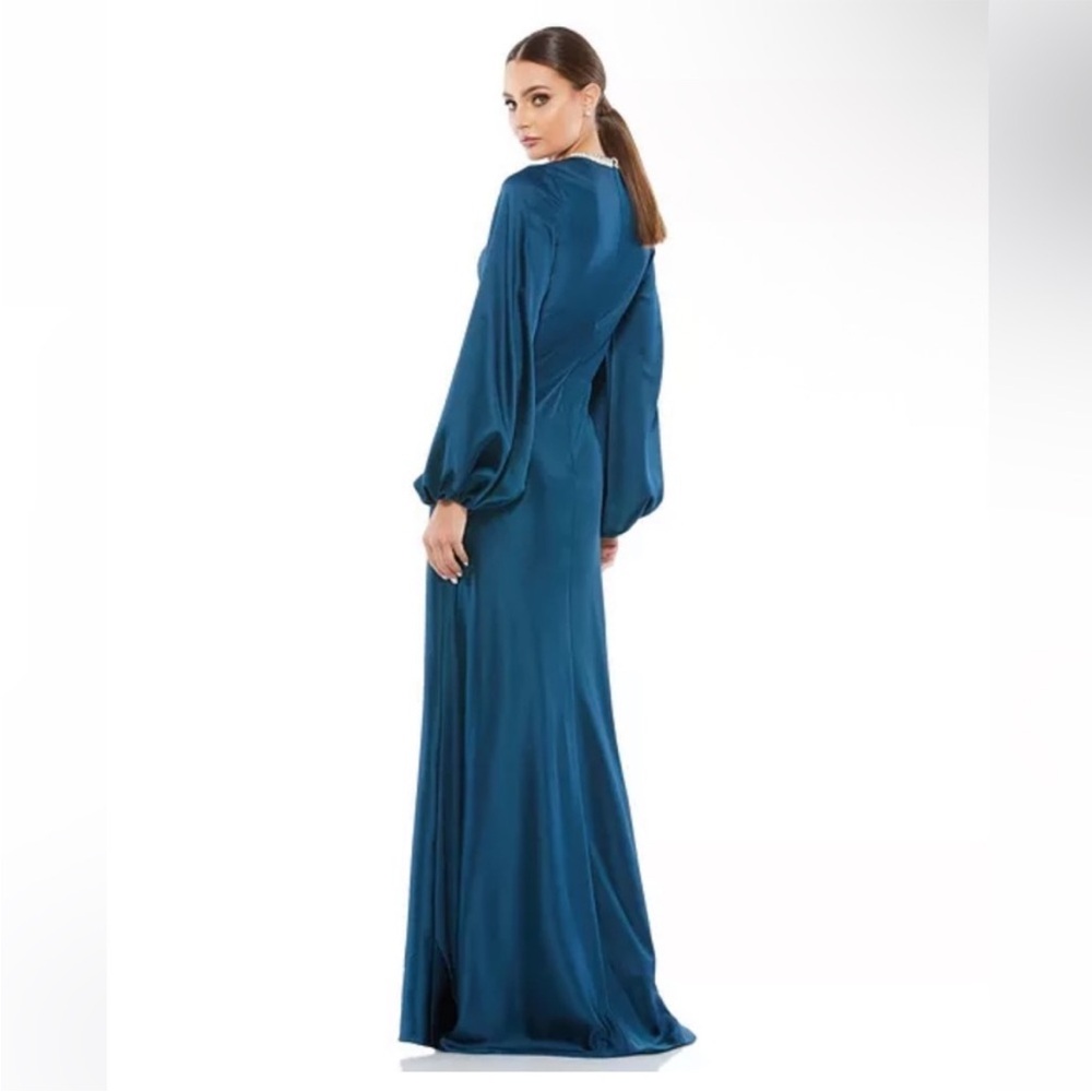 Mac Duggal Blue Beaded High Neck Bishop Sleeve Satin Gown - Picture 3 of 13